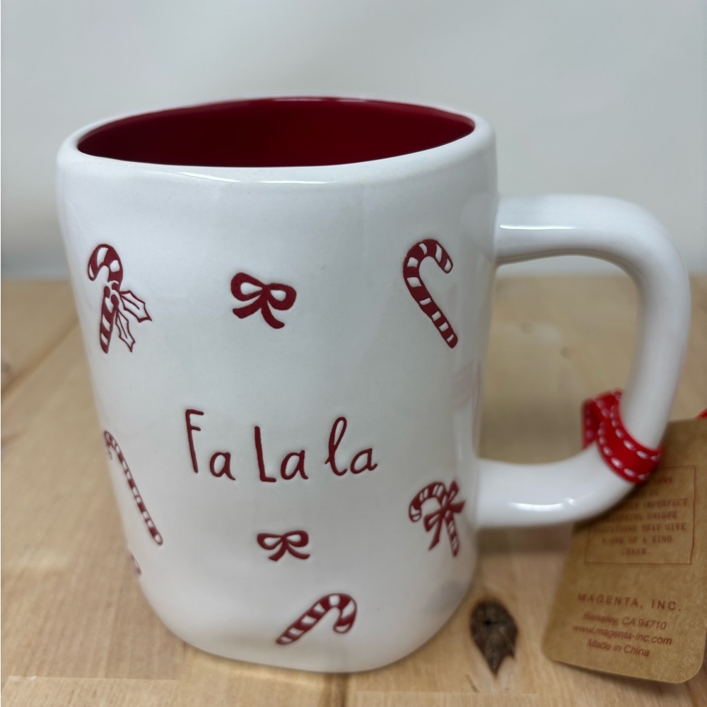 Rae Dunn Christmas FA LA LA Mug White Double Sided Red Interior Candy Canes
